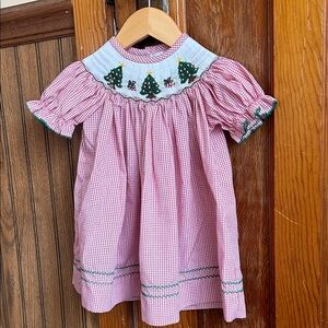 Red Gingham Dress with Christmas Tree Embroidery